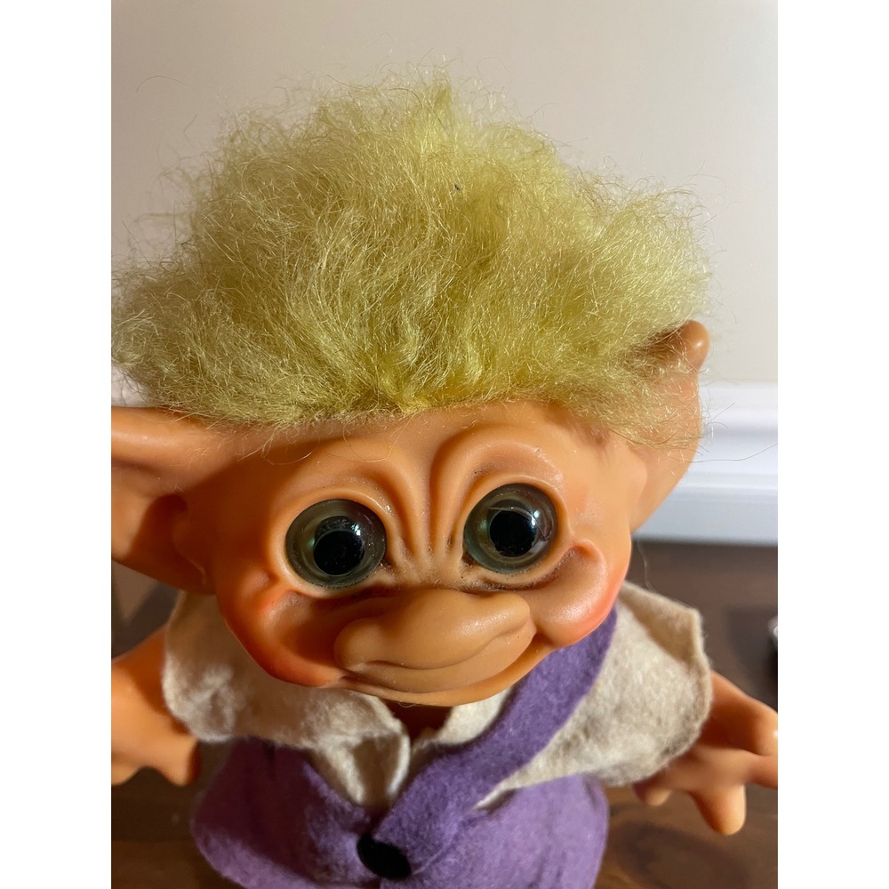 Vintage Troll Doll Yellow Hair Green Eyes Purple Overalls Collectible coin bank - Picture 5 of 10